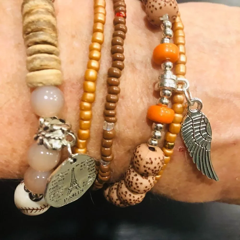Stackable Beaded Charm Bracelets – Neutral Earth Tones, Set of 5